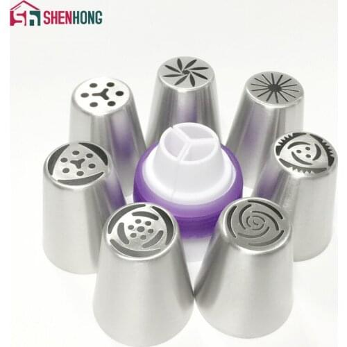 7PCS Stainless Steel Icing Piping Tips + 1 Adaptor Converter Cake Decorating Russian Nozzles Pastry Kitchen Accessories Tools