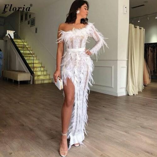Dubai White Feathers Prom Dresses Mermaid One Shoulder Cocktail Dresses Evening Wear Wedding Party Dresses Vestidos De Fiesta