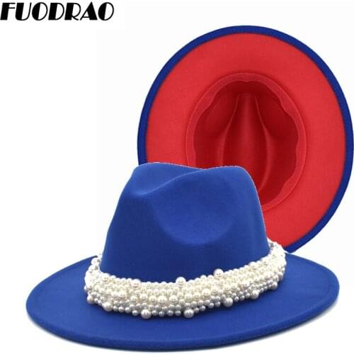 FUODRAO Blue Red Patchwork Fedora Hats Women Men Wide Brim Wool Jazz Felt Hat Panama Trilby Cap Trend Gambler Hat F148
