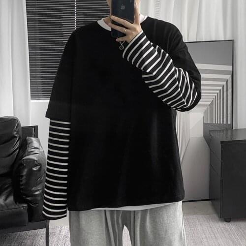 Autumn New Harajuku Oversized Fake Two Price T-Shirt Long Sleeve Loose Cotton Tops Japanese Streetwear