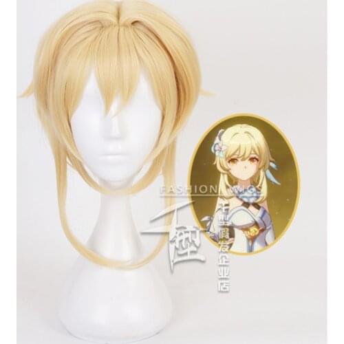 Game Genshin Impact Project Light Golden Wig Traveler Lumine Girl Cosplay Wig Role Play Powder 30cm