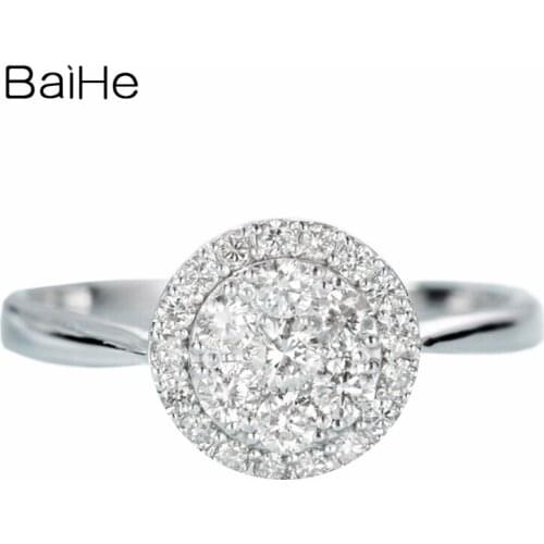 BAIHE Solid 14K White Gold About 0.41ct Certified H/SI Round cut 100% Genuine Natural Diamonds Wedding Gift Fine Jewelry Ring