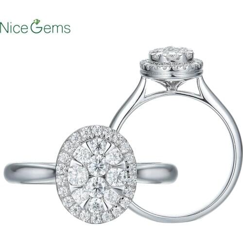 NiceGems Solid 14k 585 White Gold 0.8ctw DF Color OVAL look Round Brilliant Moissanite Engagement Ring For Women Anniversary