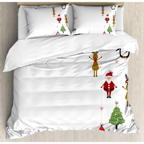 Christmas Duvet Cover Set Reindeers Santa Claus Penguins and Xmas Tree Stripes Design Decorative 3 Piece Bedding Set