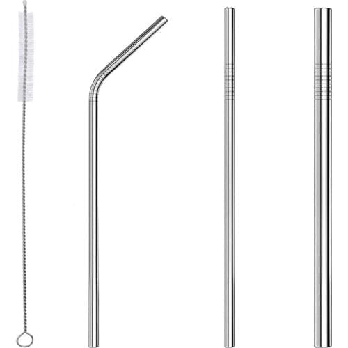 Reusable Drinking Straw Set Straight Bent 304 Stainless Steel Metal Straws With Cleaner Brush Bar Accessories