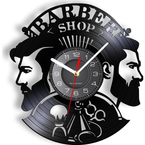 Barber Shop Hair Cutting Vinyl Record Wall Clock Shave Hairdressing For Man Club Decor Professional Trimmer Art Clock Wall Watch