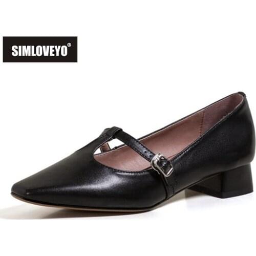 SIMLOVEYO 2021 Genuine Leather Comfort Plus Ladies Flats Buckle T Strap Round Toe Square Heel 3cm Size 33-43 Beige Black A4297
