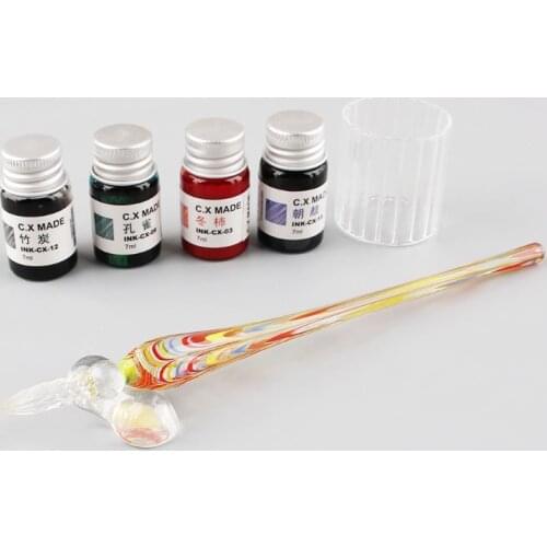 W3JD 7PCS/SET Handmade Feather Glass Pen Dip Writing Ink Signature Pens Set for School Stationery Gifts Art Decoration Supplies