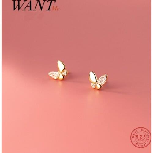WANTME 925 Sterling Silver Lovely Romantic Inlaid Zircon Butterfly Stud Earrings for Women Fashion Korean Teen Wedding Jewelry
