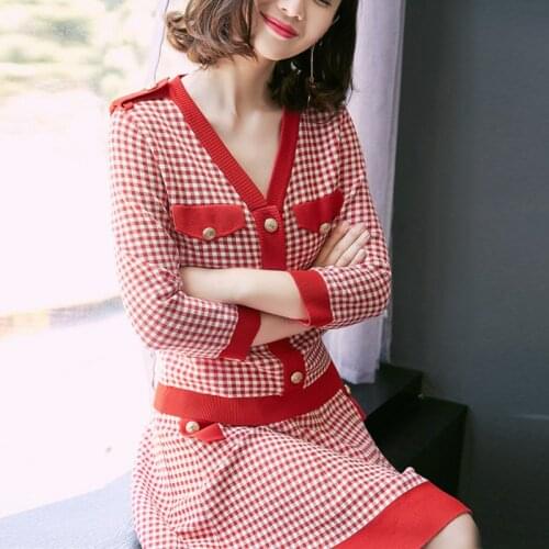 Womens suit womens spring and autumn new fashion lattice commuter temperament knit jacket + half skirt sweater two-piece suit