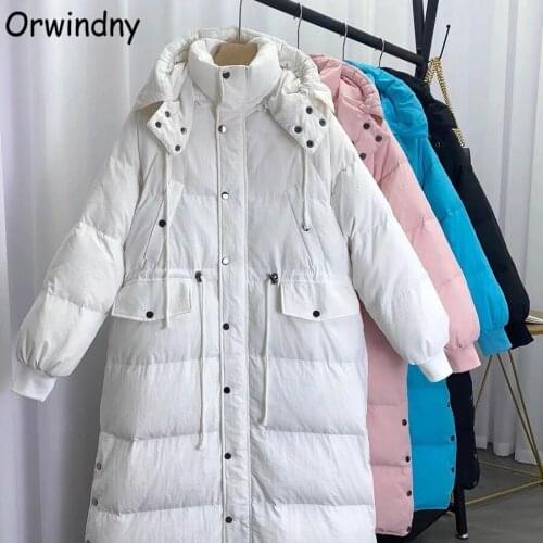 Orwindny Womens Down Jacket Warm Winter White Duck Down Coat Female Oversized Snow Wear Hooded Long Clothing Office Lady