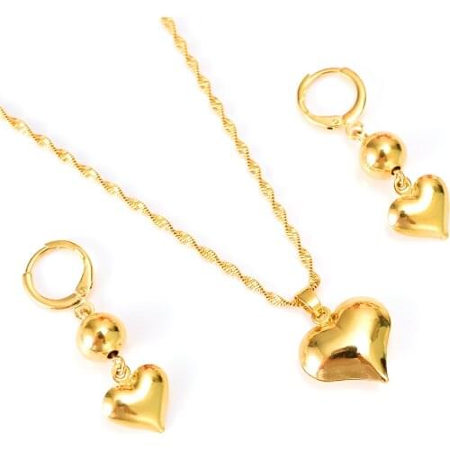 24 K Solid Gold GF lovely heart drop Earings pendant necklace Women Girls african Jewelry Party Cool Fashion beads kid gift