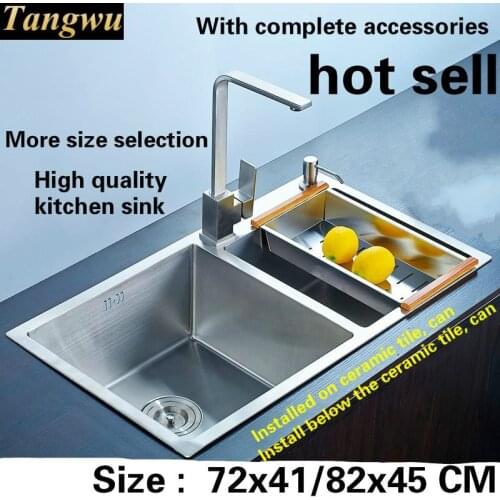 Free shipping High end kitchen sink manual 304 food grade 3 mm thick stainless steel double groove hot sell 72x41/78x43/82x45 CM