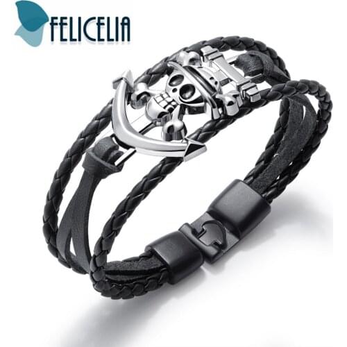 Felicelia Punk Style Skeleton Skull Men Bracelet Multilayer PU Leather Wrap Bracelet Vintage Handmade Jewelry Sporty Wristband