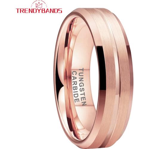 Rose Gold 6mm Men Women Wedding Band Tungsten Carbide Quality Ring Center Grooved Beveled Edges Brushed Finish Comfort Fit