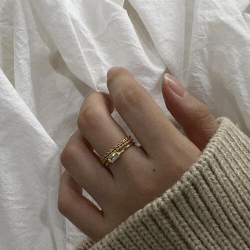 Chic Authentic S925 Sterling Silver FINE Jewelry Gold 2rOWS Lace Pattern &rectangle crystal Rings adjust TLJ817