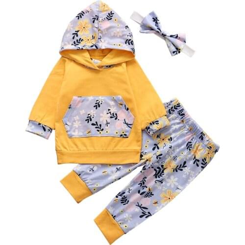 3Pcs Baby Girl Clothes Set Floral Print Autumn Newborn Infant Clothing Yellow Hooded Tops Flowers Pants Headband Toddler Outfits