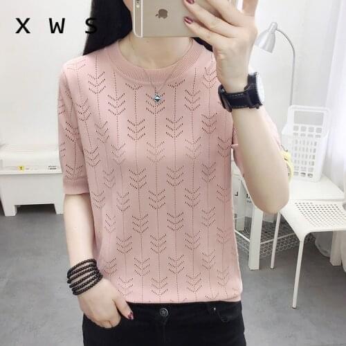 Summer Knitted Women Sweater sleeve Sleeves Loose casual Jumper Top sexy hollow out O Neck pink Female Sweater oversize
