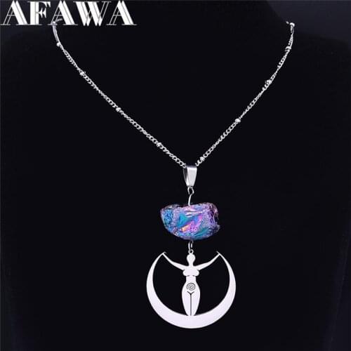 Witchcraft Moon Goddess Stainless Steel Natural Crystal Charm Necklaces Silver Color Chain Necklace Jewelry gargantilla NXS04