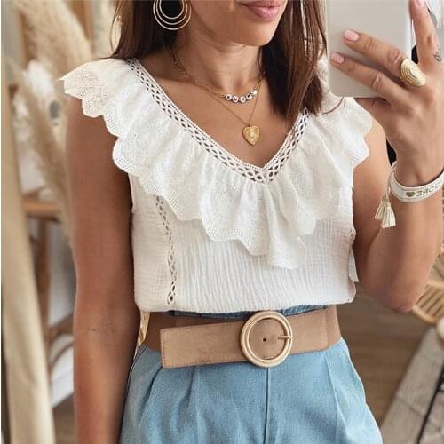 Summer white v-neck tank ruffled Sexy backless embroidery vest women Fashion sleeveless tanks