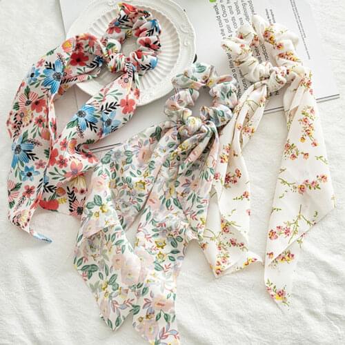 Korean Bow Long Ribbon Hair Scrunchie Chiffon Floral Print Sweet Elastic Hair Band Ponytail Hair Scarf Hair Tie Hair Accessories