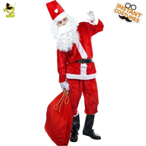 Christmas Mens Santa Claus Costume with Long Beard Xmas Party Fancy Dress Role Play Red Adult Santa Claus Outfits for Male
