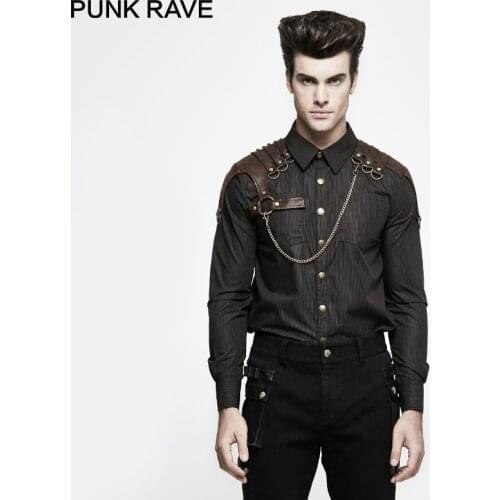 PUNK RAVE Steampunk Gentle Men Coffee Vertical Striped Shirts Autumn Palace Gothic Vintage Long Sleeves Casual Shirt Harajuku