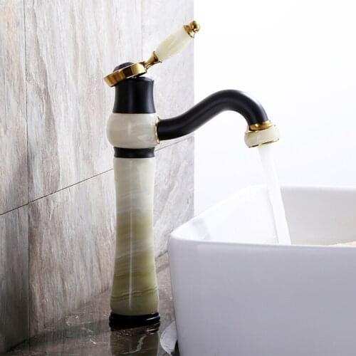 Basin Faucets Sink Mixer Taps Hot & Cold Sink Faucet Single Hole Deck Mounted Wash Black Finish Jade and Brass Basin Water Taps