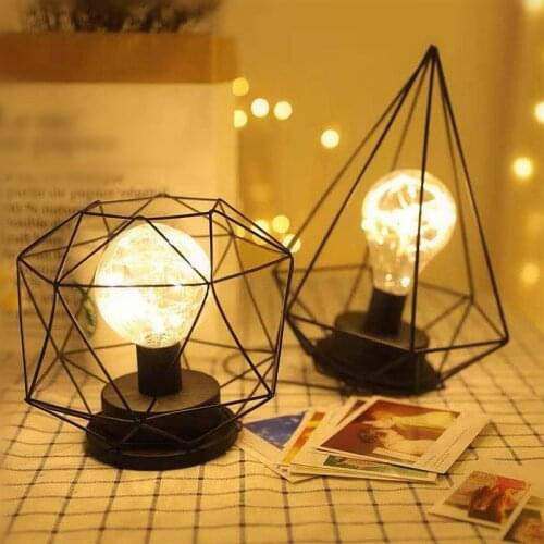 Vintage Geometric Shape Copper Wire Table Lamp Battery Powered Bedroom Hanging Night Lights