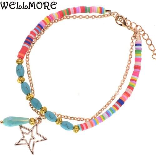 WELLMORE bohemia women Anklets bracelets 5 colors star stone beaded charm anklet for women fashion foot jewelry wholesale