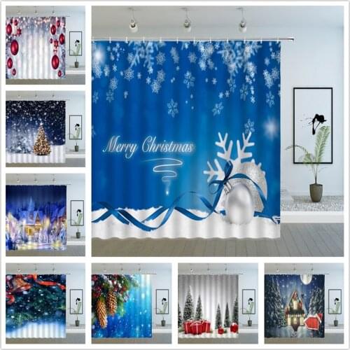 Christmas Eve Shower Curtains Xmas Tree Snowflake Winter Snow Scenery New Year Festival Cartoon Bath Decor Hanging Curtain Set