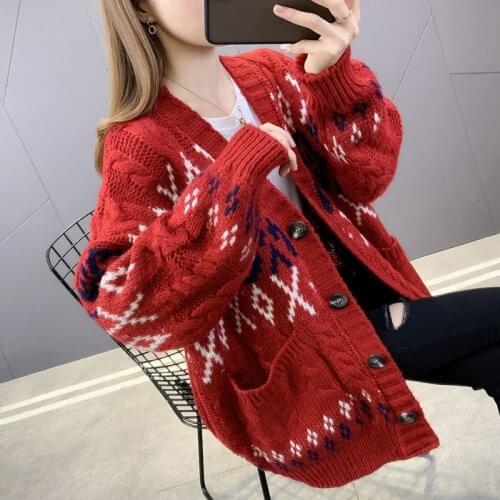 Mid-Length Jacquard Knitted Cardigan Womens Loose Korean Version Of The New Red Sweater Jacket Ladies Autumn And Winter Sueter