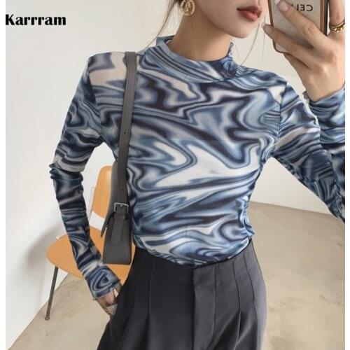 Karrram Tie Dye Blue Mesh Top Long Sleeve T Shirt Women Turtleneck See Through Tshirt Designer Y2k Fashion 2021 Spring Autumn