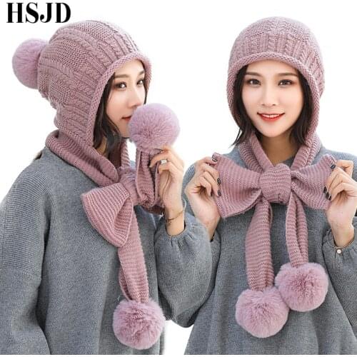 2018 New Sweet Bowknot Knitted Hats Scarf Set Women Winter Warm Pompon Beanies Hat Ski Caps for Girl thick Skullies female cap