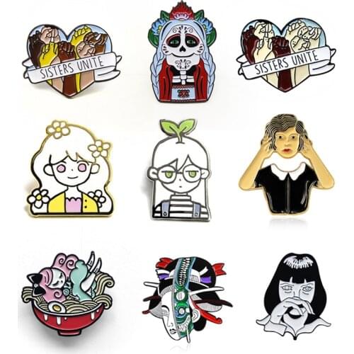 Woman Girls Brooches Pins SISTERS UNITE Heart shaped Brooch Feminism power skull Mask Geisha wizard Badge Element broche jewelry
