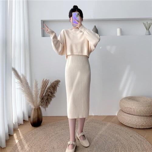 2021 Womens Two Piece Dress Sets New Fall Winter Bat Sleeve O-Neck Soft Sweater + Knitted Vest Long Dress 2 Piece Outfits