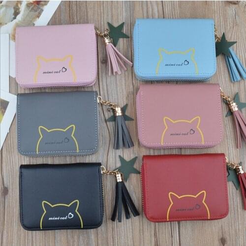 Women Small Wallet PU Leather Zipper Cartoon Cat Embroidered Ladies Carteira Purses Coin Clutch Wallets Card Holder Mini Bag