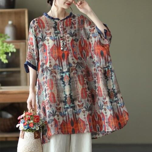 Johnature Vintage Women Dresses Ramie O-Neck Short Sleeve Button Print Floral Clothing 2021 Summer New Sweet Style Loose Dress