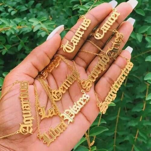 Gold Chain 12 Constellation Pendant Necklace For Women Old English Zodiac Sign Choker Jewelry Gift Stainless Steel Collier Femme