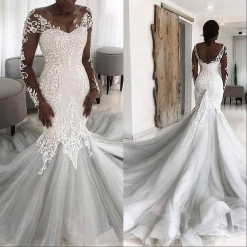 African Lace Illusion Back Mermaid Wedding Dress 2021 Princess Muslim Long Tail Wedding Gowns With Sleeves