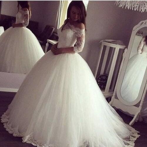 ANGELSBRIDEP Long Sleeves Ball Gown Wedding Dresses Vestido De Noiva Fashion Boat-Neck Applique Saudi Arabia Bride Dresses Hot