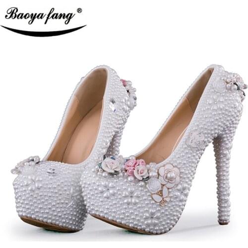BaoYaFang white beads Flower women wedding shoes platform shoes 8cm/11cm/14cm high shoes fashion woman ladies Pumps