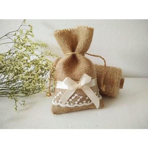 Free shipping DIY handmade Jute bag wedding lace candy bag Starry sky bow bag