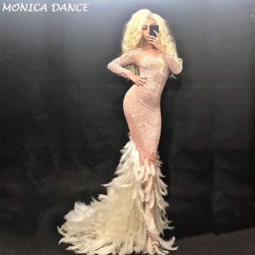 Sparkly Crystals Mesh Feather Dress Womens Evening Party Wear Luxurious Dress Prom Birthday Celebrate Female Singer Dresses
