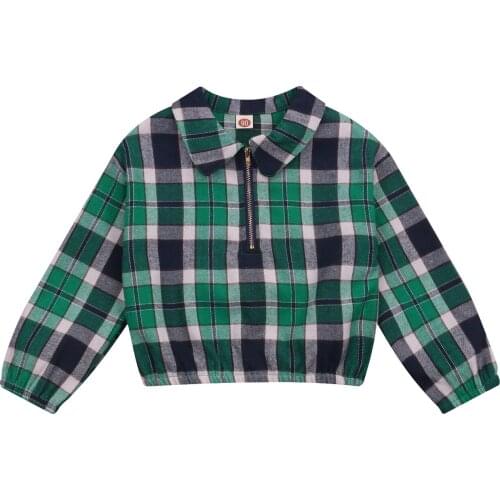 Childrens Plaid Shirt Baby Girls Long-Sleeve Casual Turn-down Neck Elastic Cuff Zipper Top Spring Fall Party Holiday Top