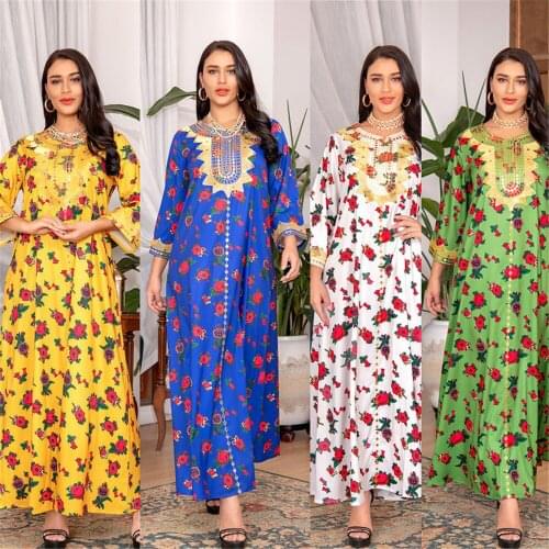 Muslim Floral Print Long Dress Women Ethnic Style Malaysia Turkish Abaya Arabic Islamic Clothing Kaftan Maxi Robe Dubai Fashion