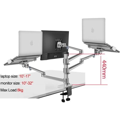 OL-60L aluminum silver Ergonomics 10"-17" double laptop desk stand +10"-32" monitor desktop bracket computer mount full motion