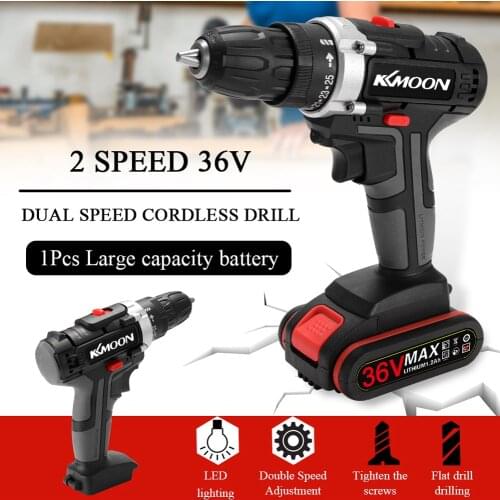 KKMoon 36V Electric Drill Cordless High-power 2 Lithium Battery Wireless Hand Drills Brush Motor Home DIY Electric Power Tools