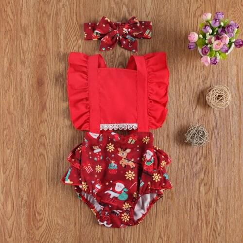 2Pcs Newborn Girls Jumpsuit Solid Color Square Neck Ruffled Sleeve Top Santa Reindeer Print Short Pants Romper Hairband Sets