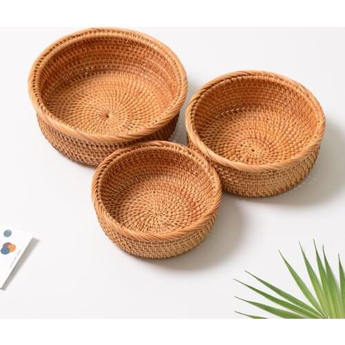 3PCS Set Little Round Rattan Basket Handmade Woven Storage Baskets Household Snacks Fruit Storage Makeup Organizer